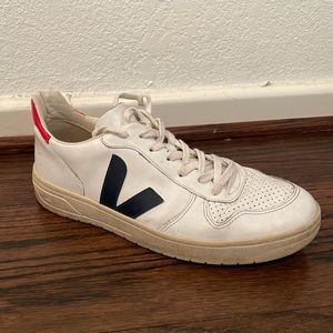 Veja V-10 Leather Sneakers, White/Blue/Red, size 11 US